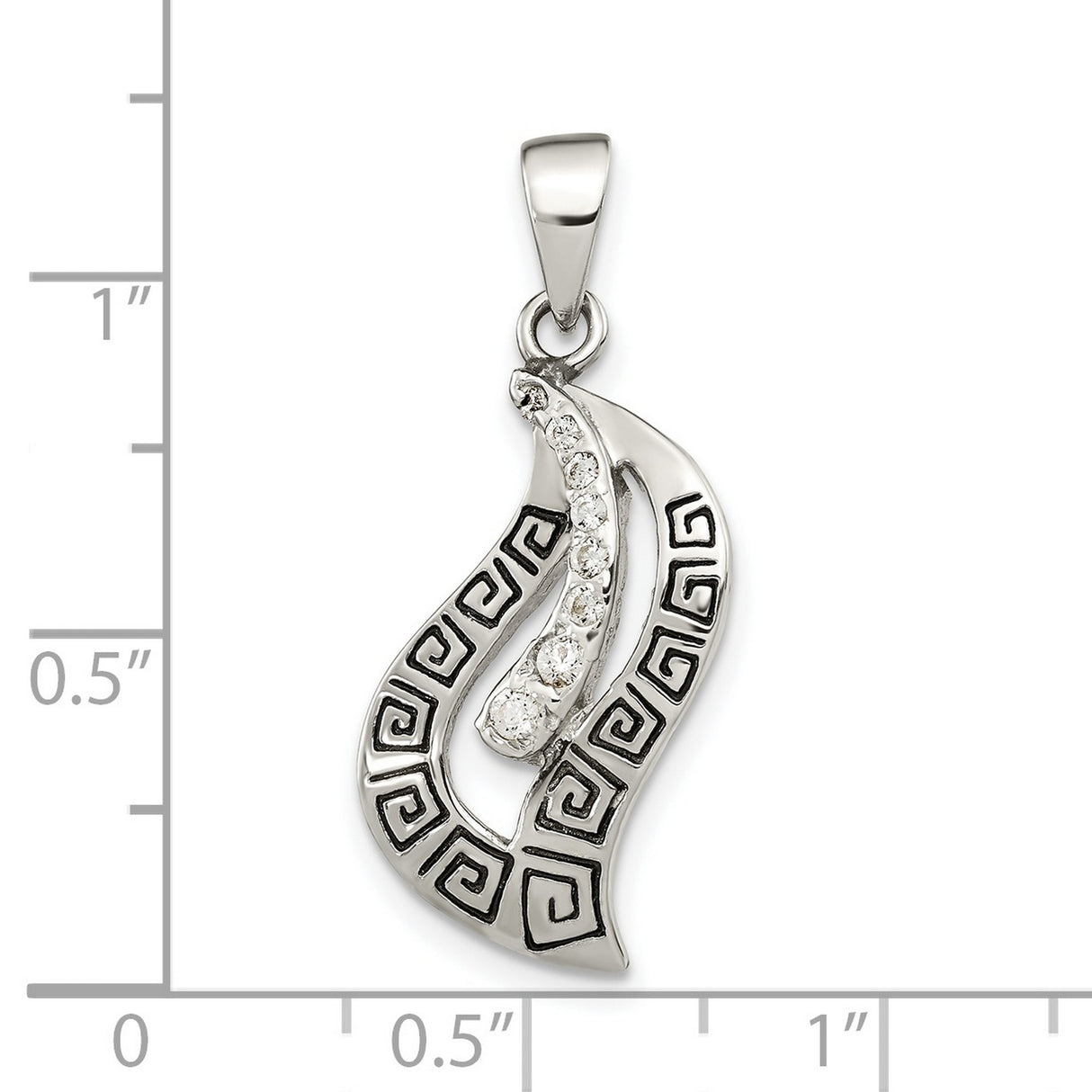 Sterling Silver Pendant with Cubic Zirconia, Abstract Flame Design, Greek Key Motif