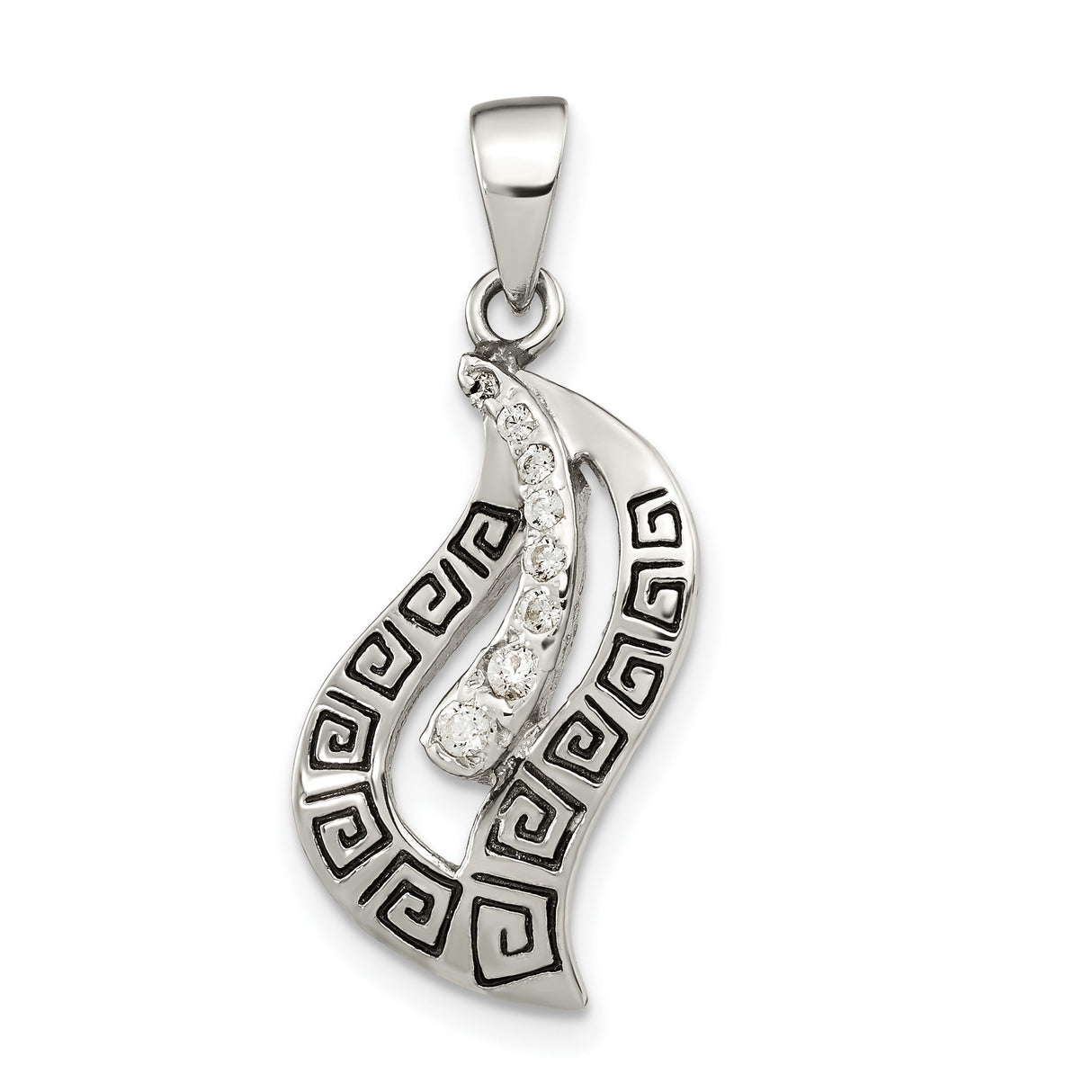 Sterling Silver Pendant with Cubic Zirconia, Abstract Flame Design, Greek Key Motif