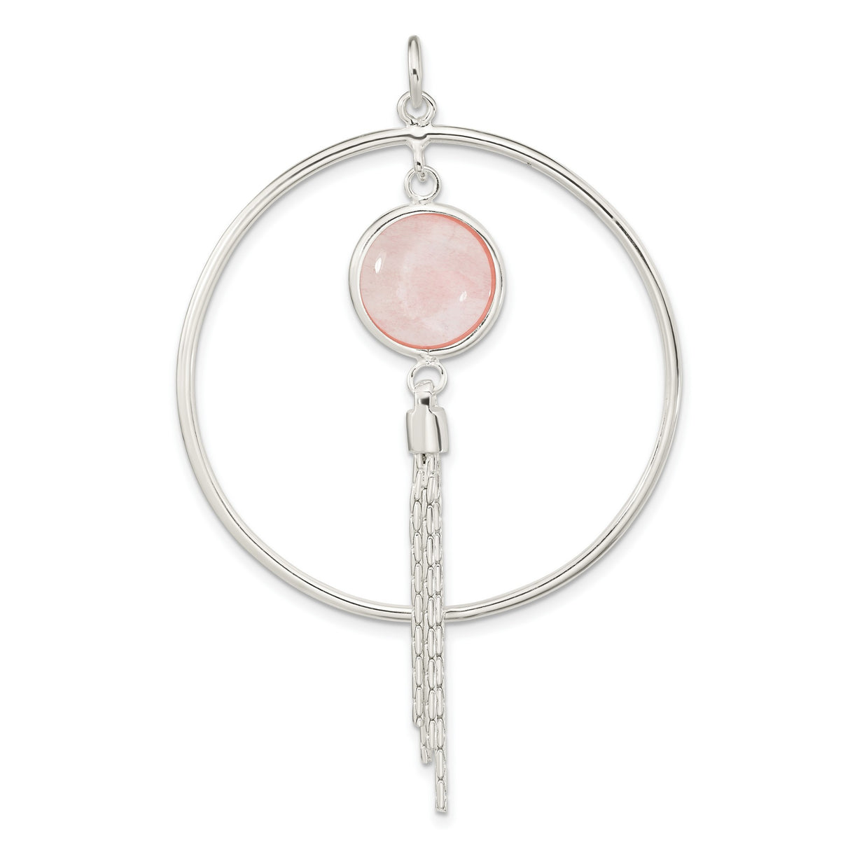 Sterling Silver Dangle Earrings with Soft Pink Gemstone and Cascading Tassels, Boho Hoop Style