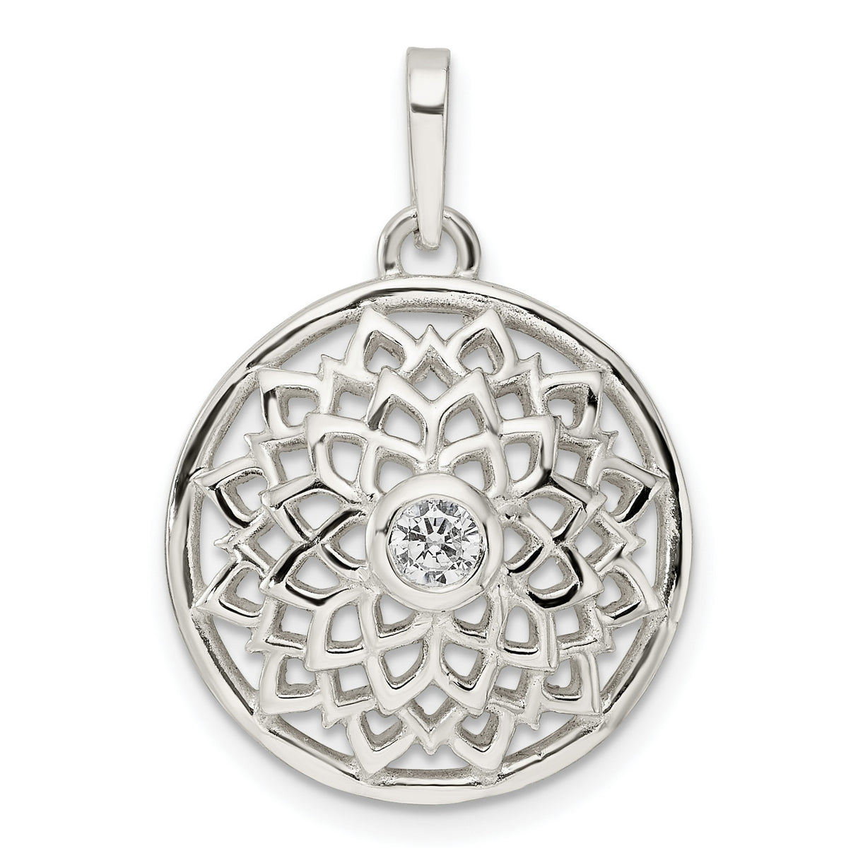 Sterling Silver Mandala Lotus Pendant with Cubic Zirconia, Spiritual Boho Chakra Jewelry