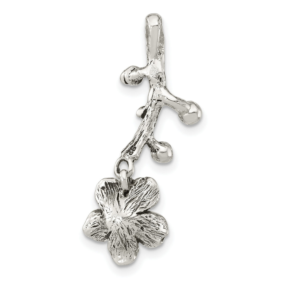 Sterling Silver Cherry Blossom Pendant with Textured Branch, Oxidized Floral Design