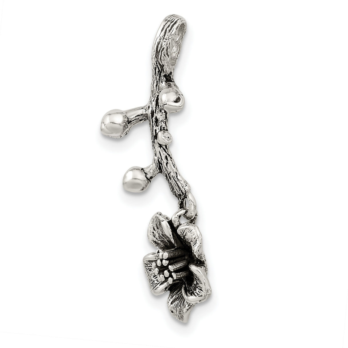 Sterling Silver Cherry Blossom Pendant with Textured Branch, Oxidized Floral Design