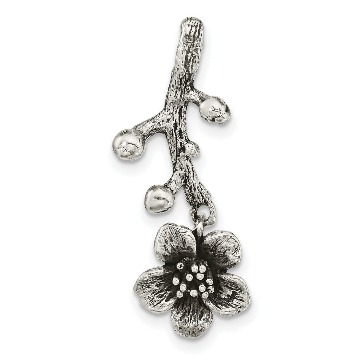 Sterling Silver Cherry Blossom Pendant with Textured Branch, Oxidized Floral Design