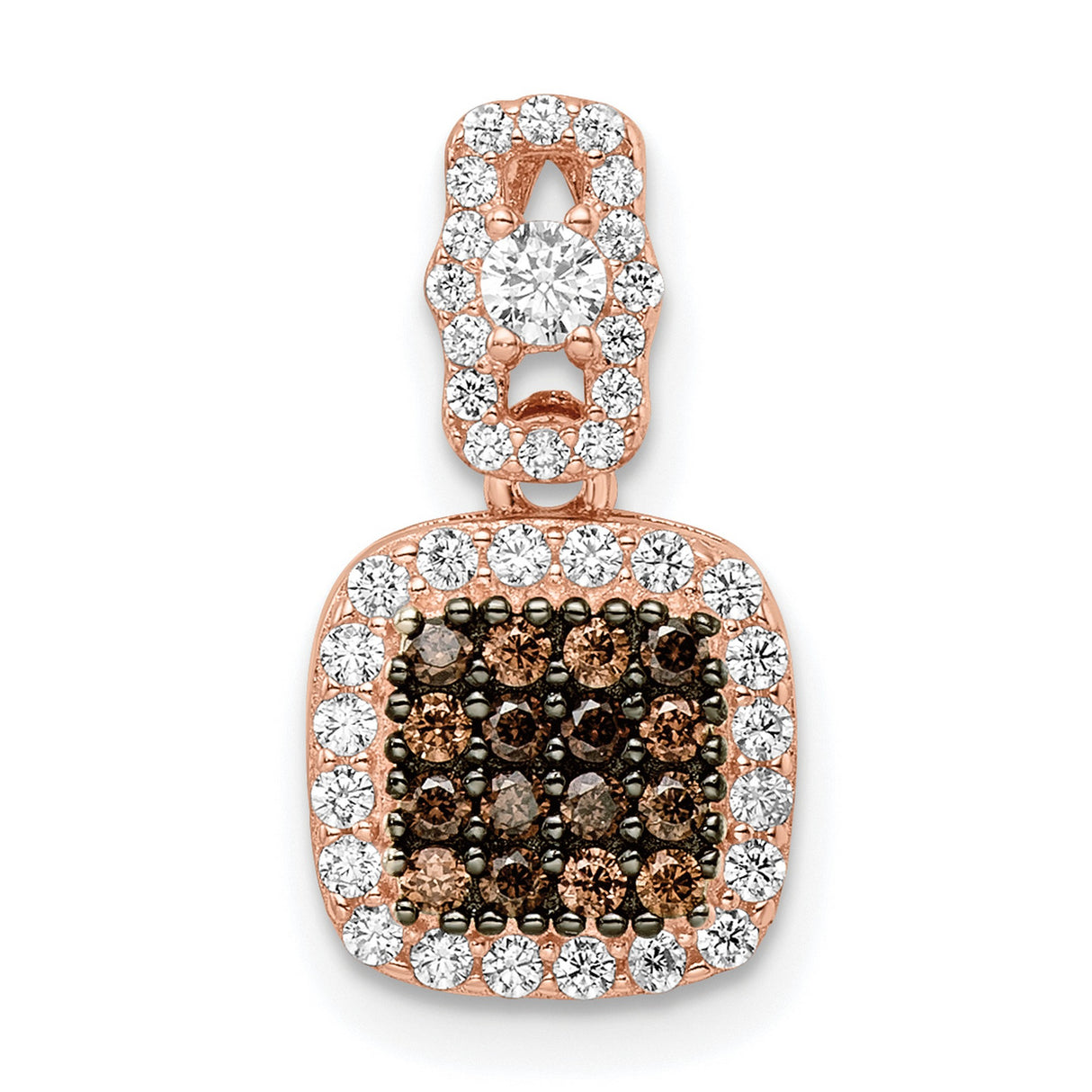 Sterling Silver Pendant with Cushion Cut White and Brown Cubic Zirconia, Modern Designer Style