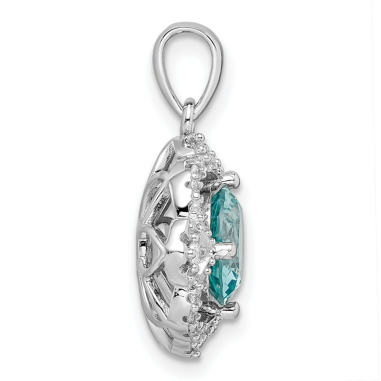 Sterling Silver Pendant with Aqua Gemstone and Cubic Zirconia Halo in Floral Design