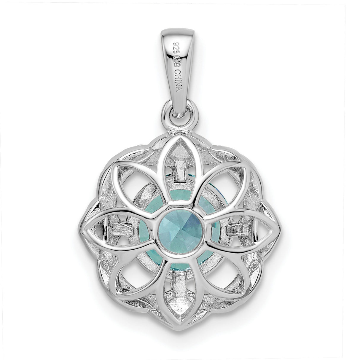 Sterling Silver Pendant with Aqua Gemstone and Cubic Zirconia Halo in Floral Design
