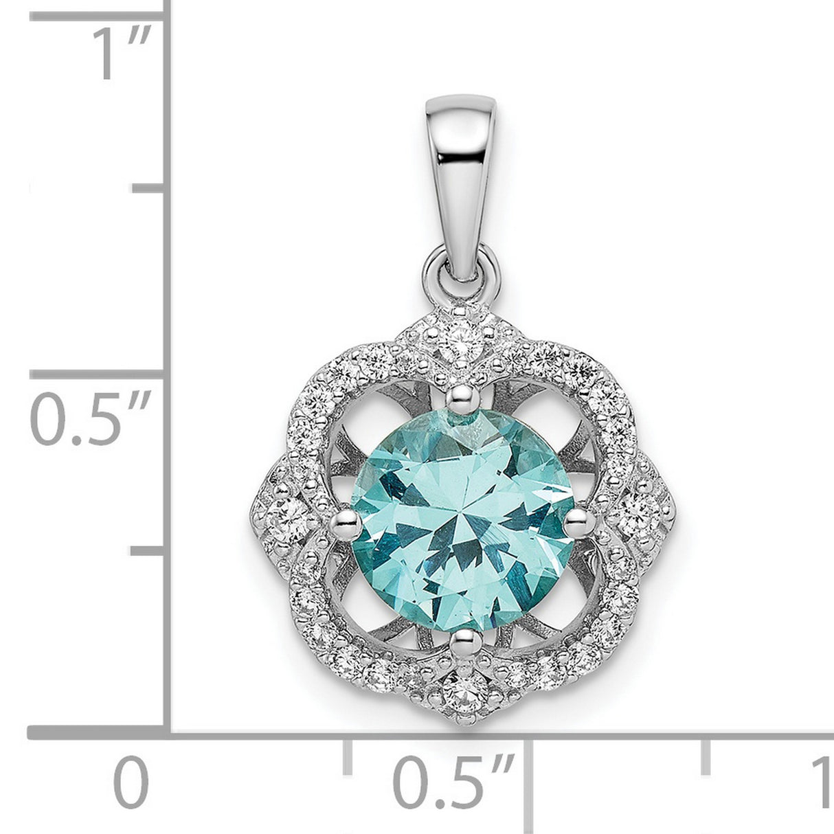 Sterling Silver Pendant with Aqua Gemstone and Cubic Zirconia Halo in Floral Design