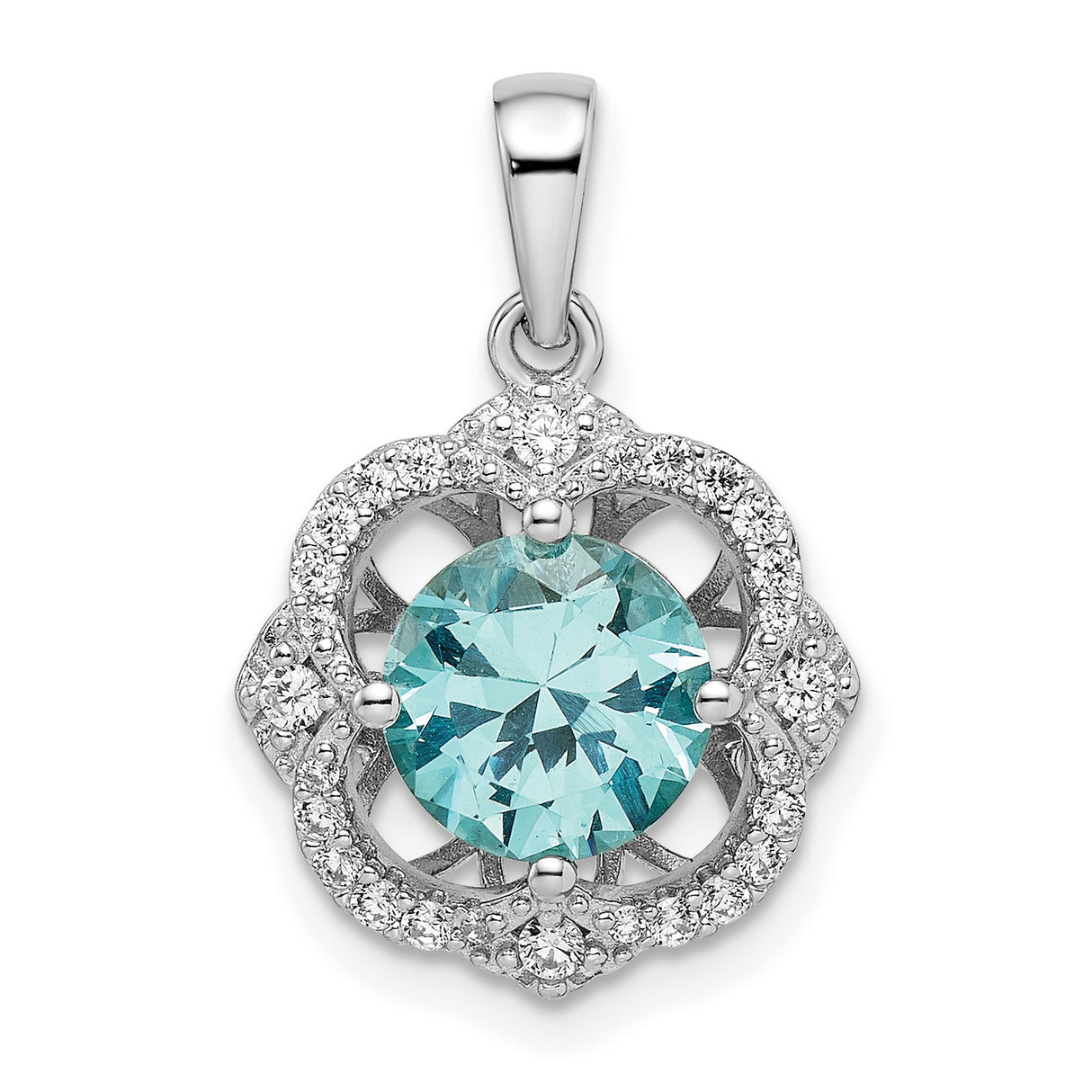 Sterling Silver Pendant with Aqua Gemstone and Cubic Zirconia Halo in Floral Design