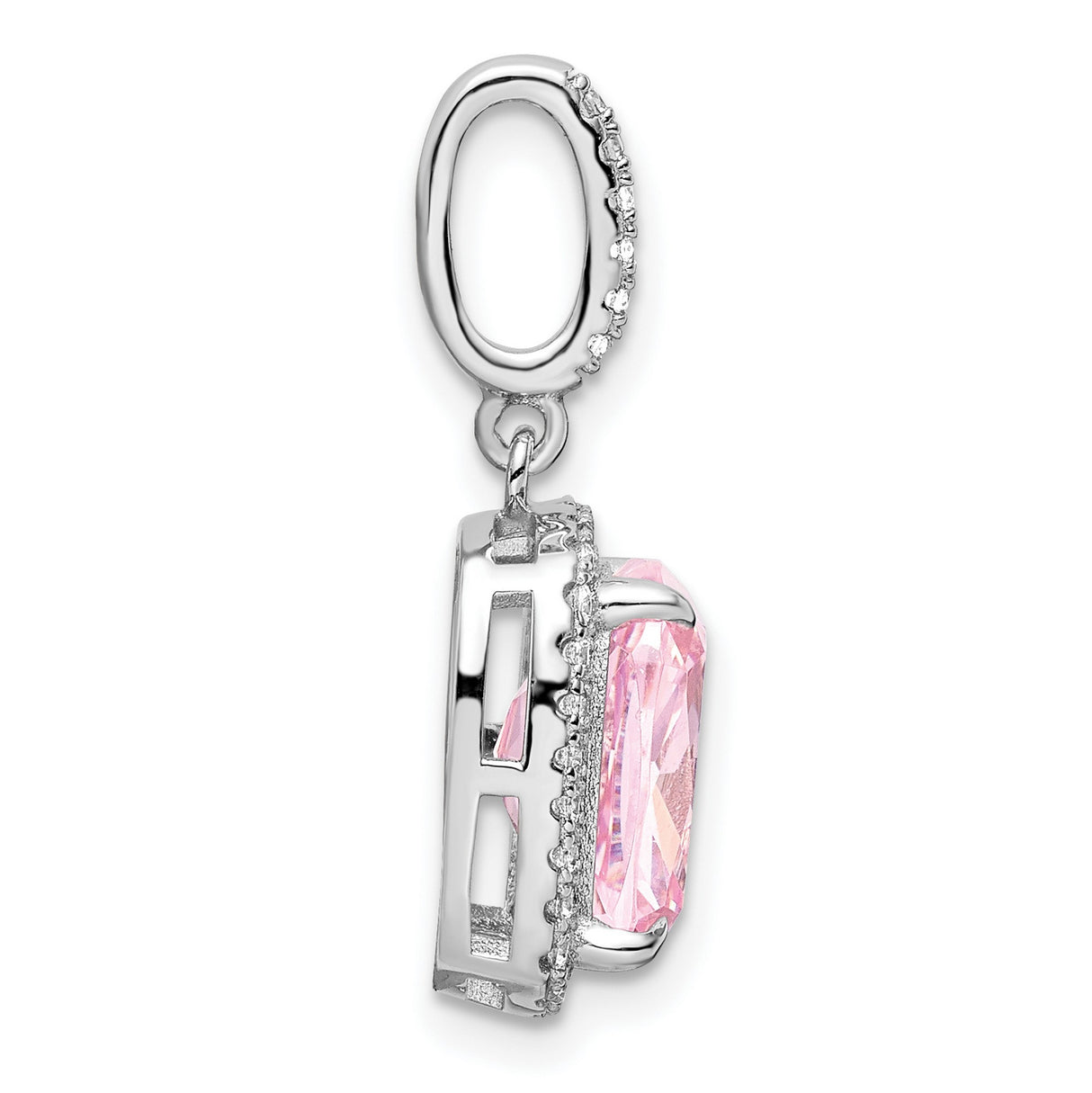 Sterling Silver Pendant with Pink Cushion Cut Cubic Zirconia and Halo Design
