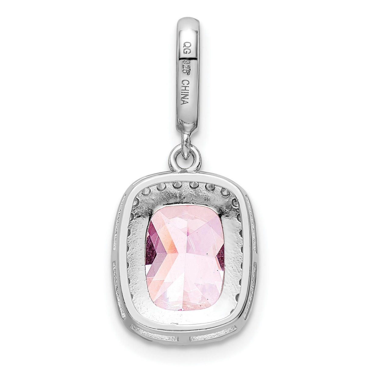 Sterling Silver Pendant with Pink Cushion Cut Cubic Zirconia and Halo Design