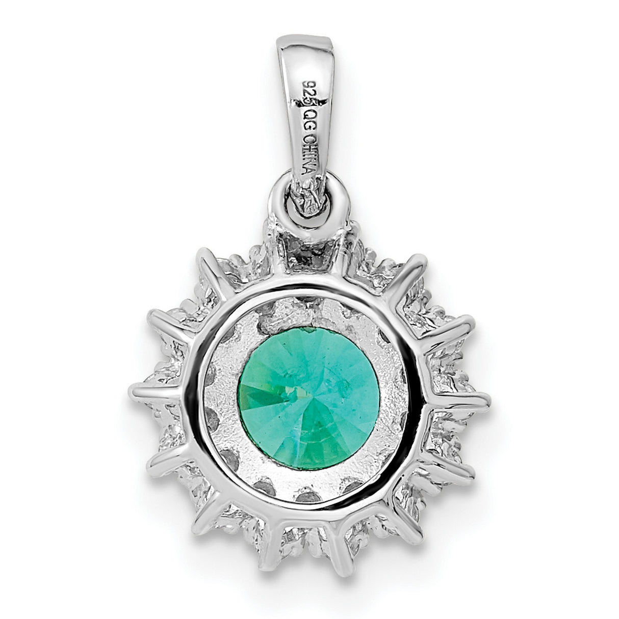 Sterling Silver Pendant with Teal Cubic Zirconia and Clear Halo Sunburst Design