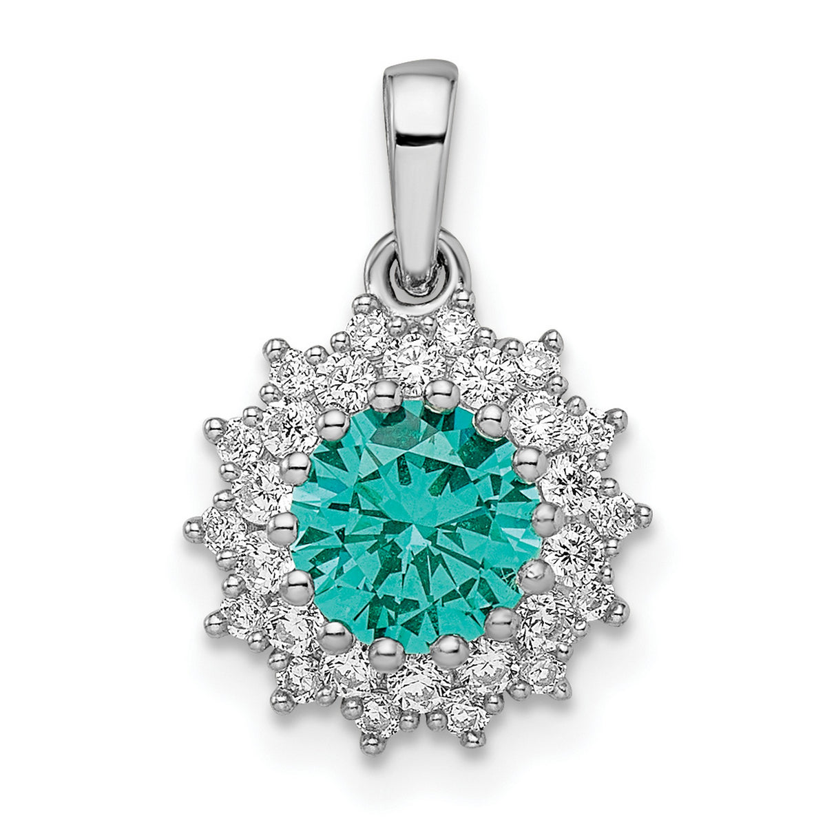 Sterling Silver Pendant with Teal Cubic Zirconia and Clear Halo Sunburst Design