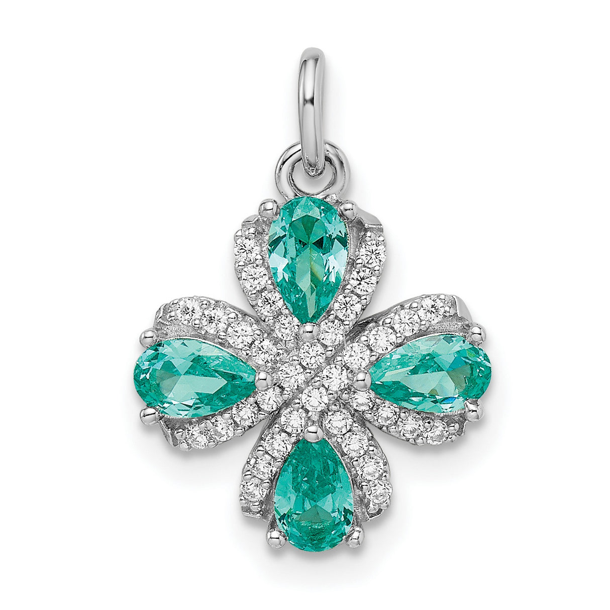 Sterling Silver Four-Leaf Clover Pendant with Green Gemstones and Cubic Zirconia Accents