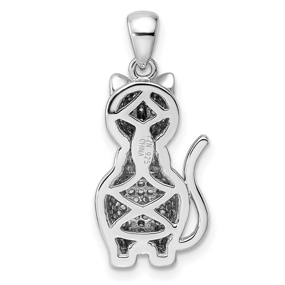 Sterling Silver Cat Pendant with Cubic Zirconia Pavé and Green Gem Eyes, Feline Charm Design