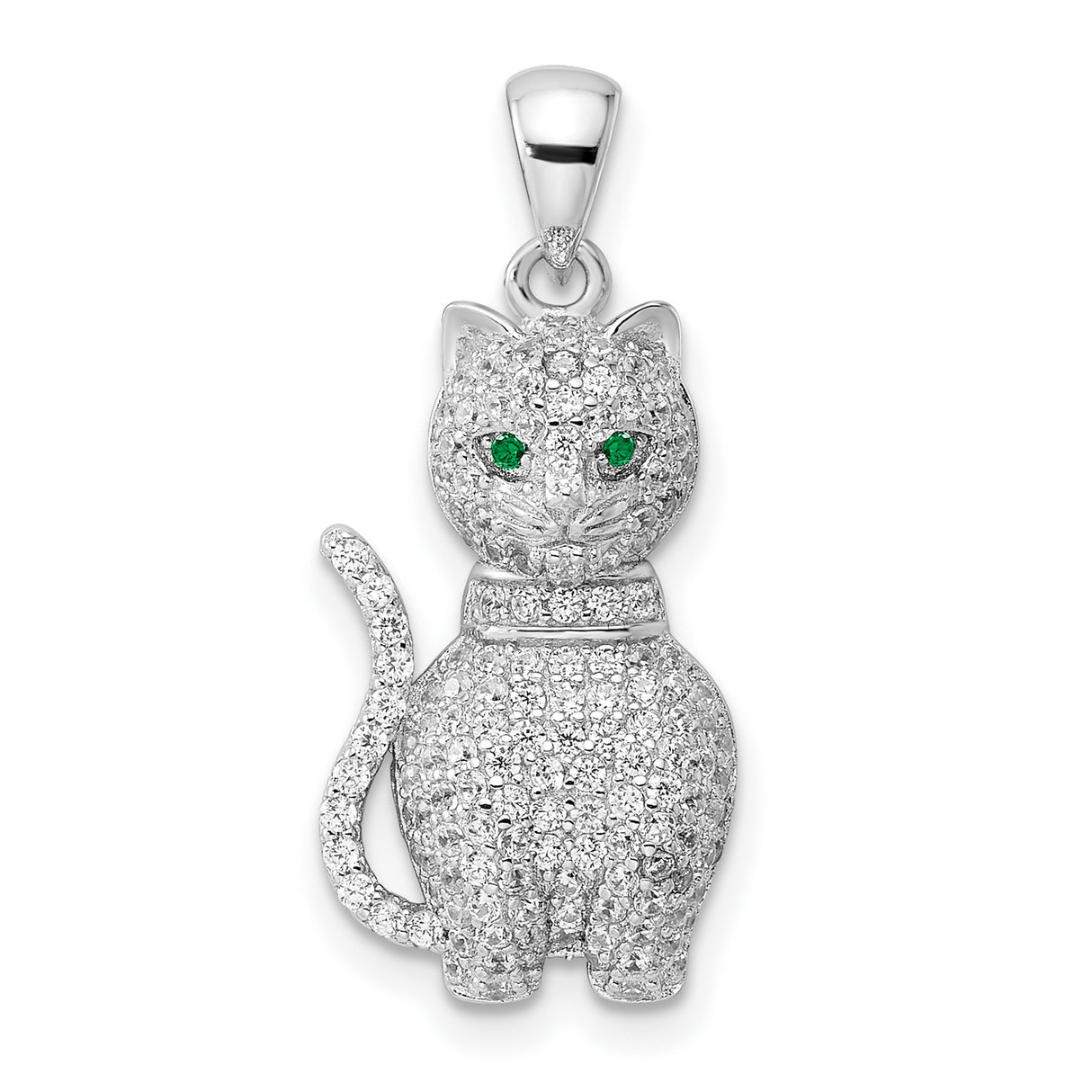 Sterling Silver Cat Pendant with Cubic Zirconia Pavé and Green Gem Eyes, Feline Charm Design