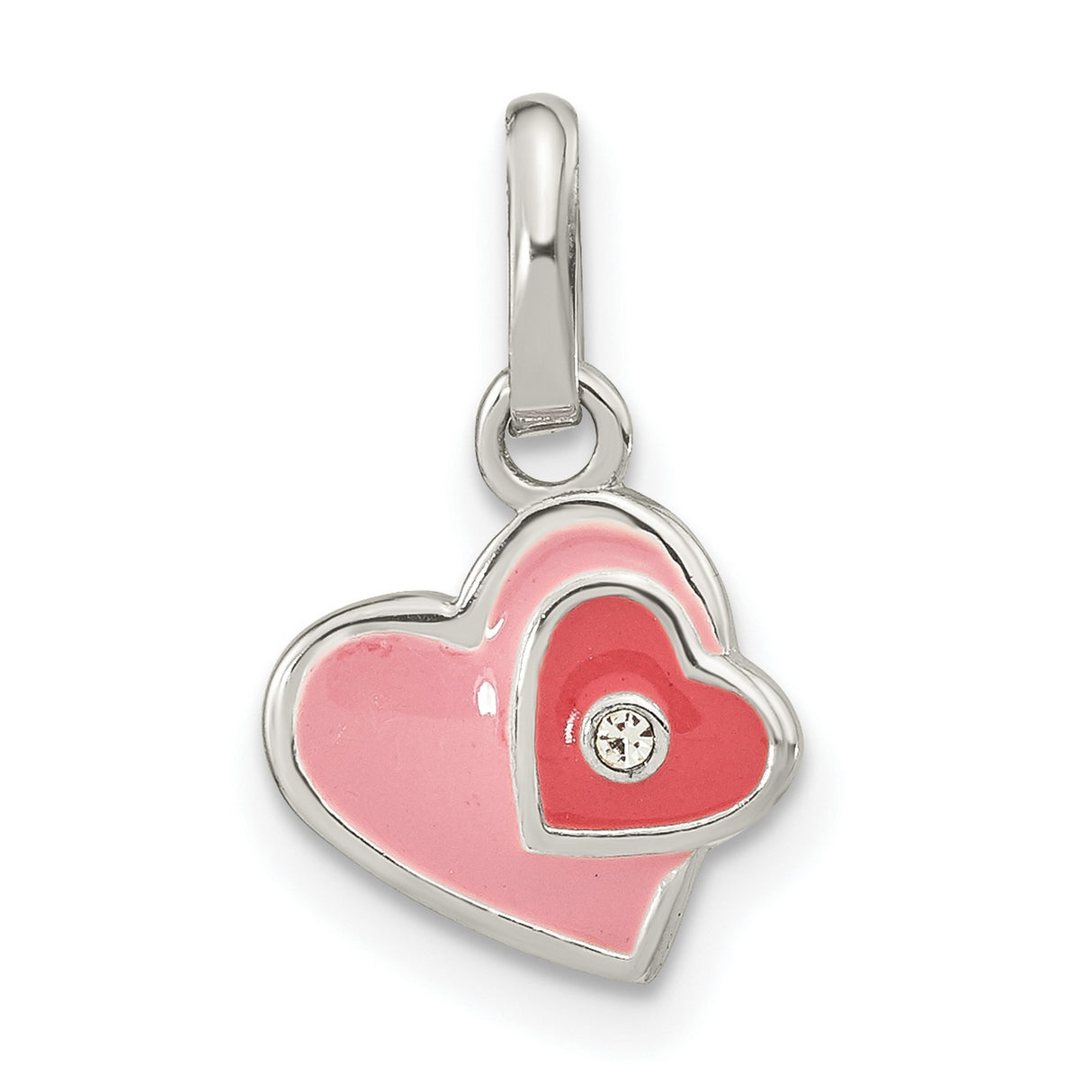 Sterling Silver Heart Pendant with Pink and Red Enamel Hearts and Cubic Zirconia Accent