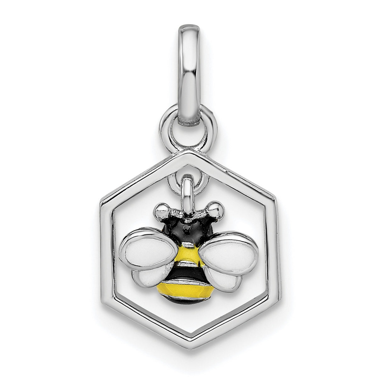 Sterling Silver Bee Pendant with Black and Yellow Enamel in Honeycomb Frame