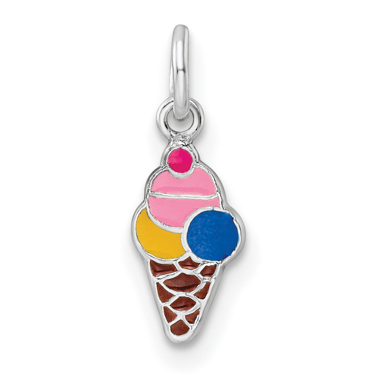 Sterling Silver Ice Cream Cone Pendant with Pink Yellow Blue Enamel, Whimsical Summer Charm