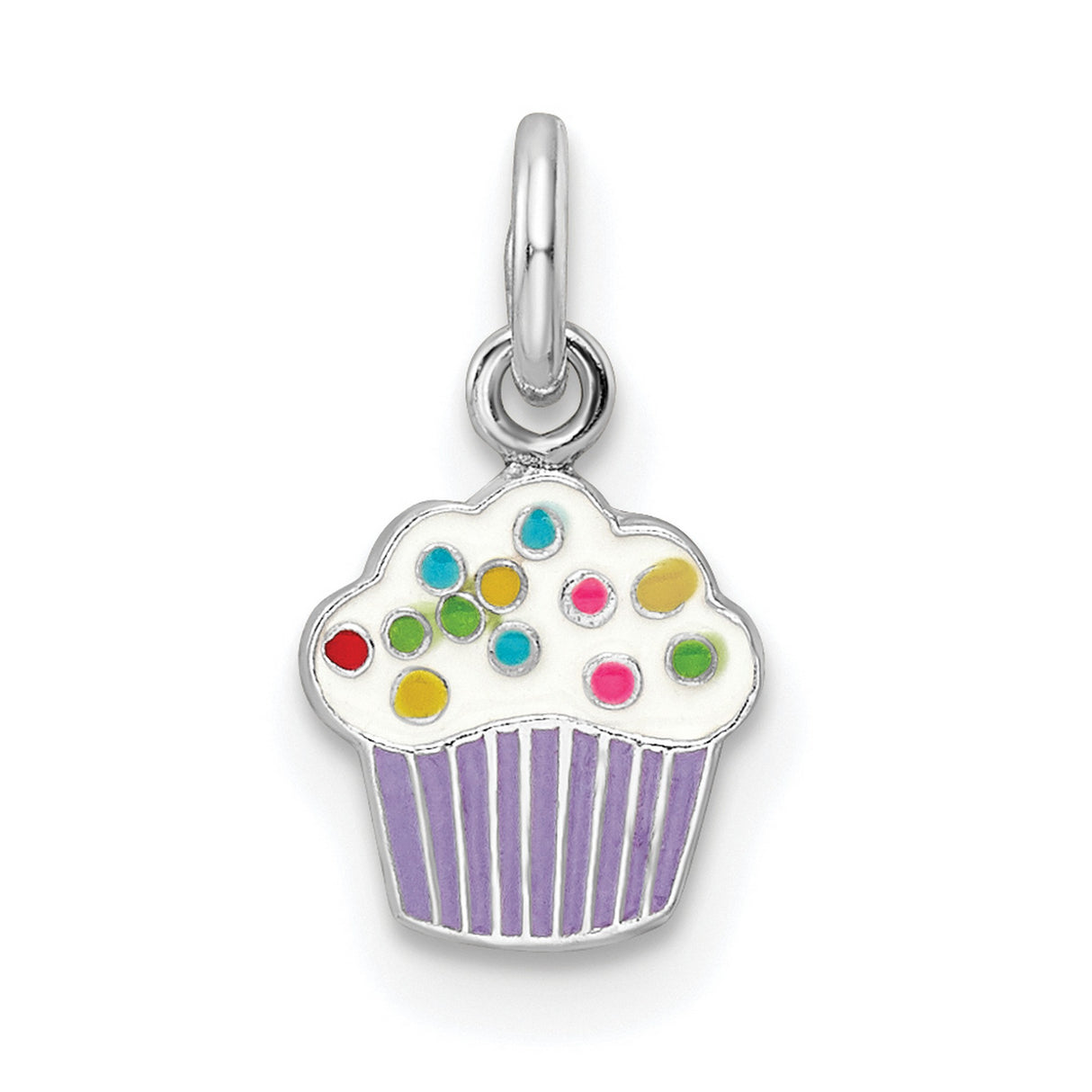 Sterling Silver Cupcake Charm with Colorful Enamel Sprinkles and Purple Wrapper