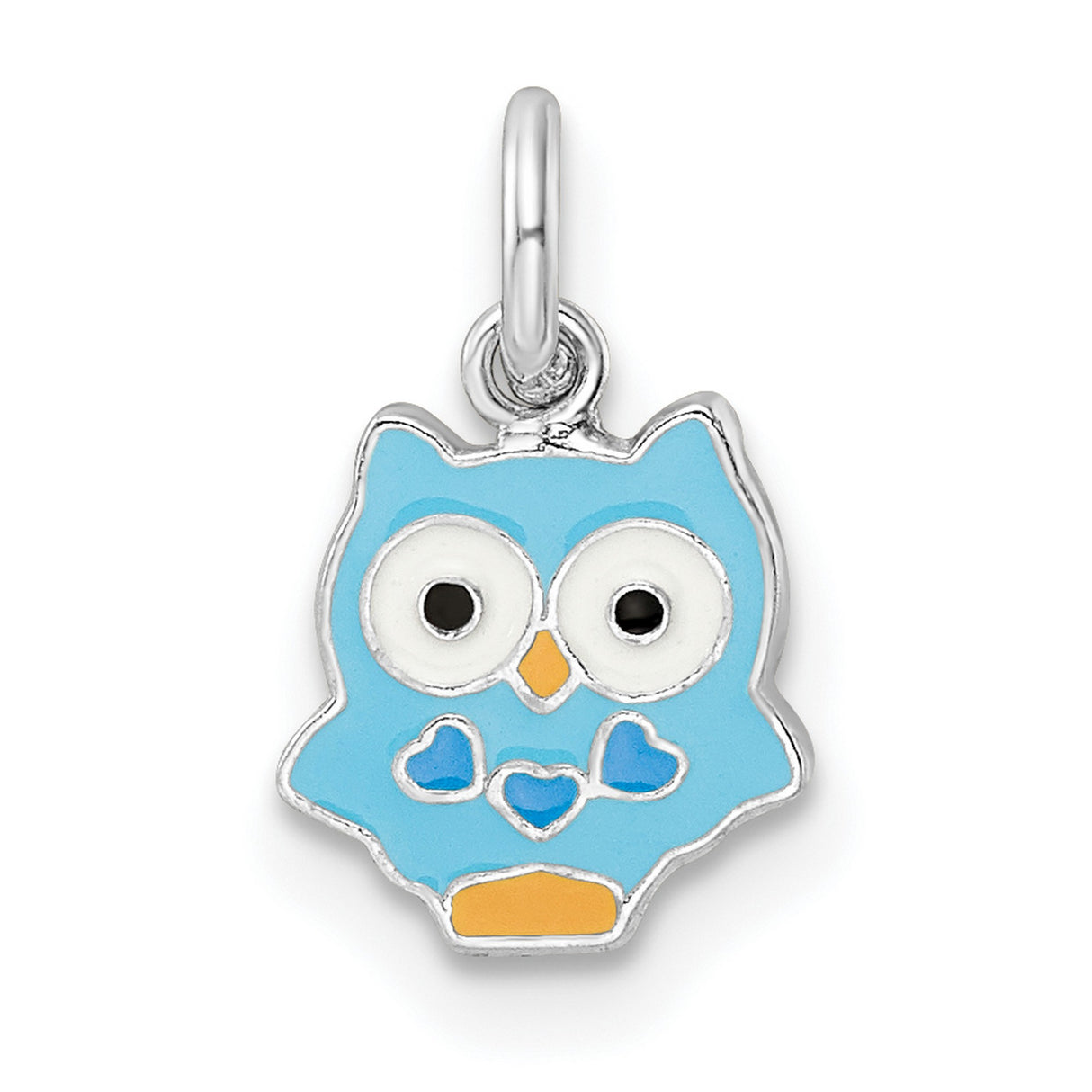 Sterling Silver Owl Pendant with Blue Enamel, Heart Accents, Whimsical Animal Jewelry