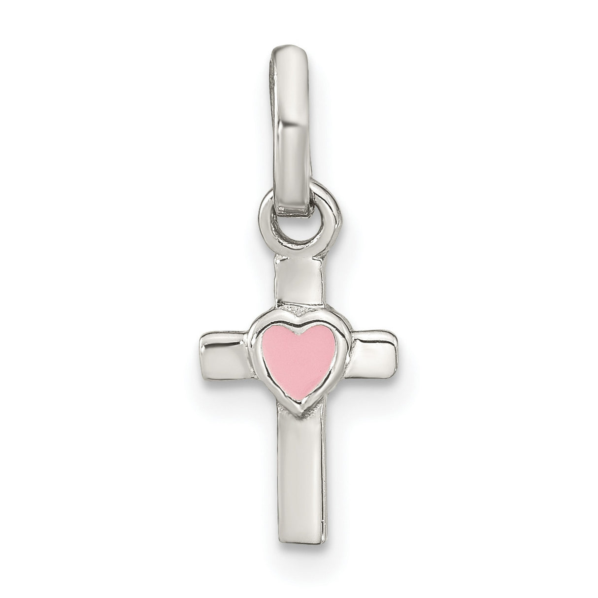 Sterling Silver Cross Pendant with Pink Enamel Heart, Modern Spiritual Jewelry
