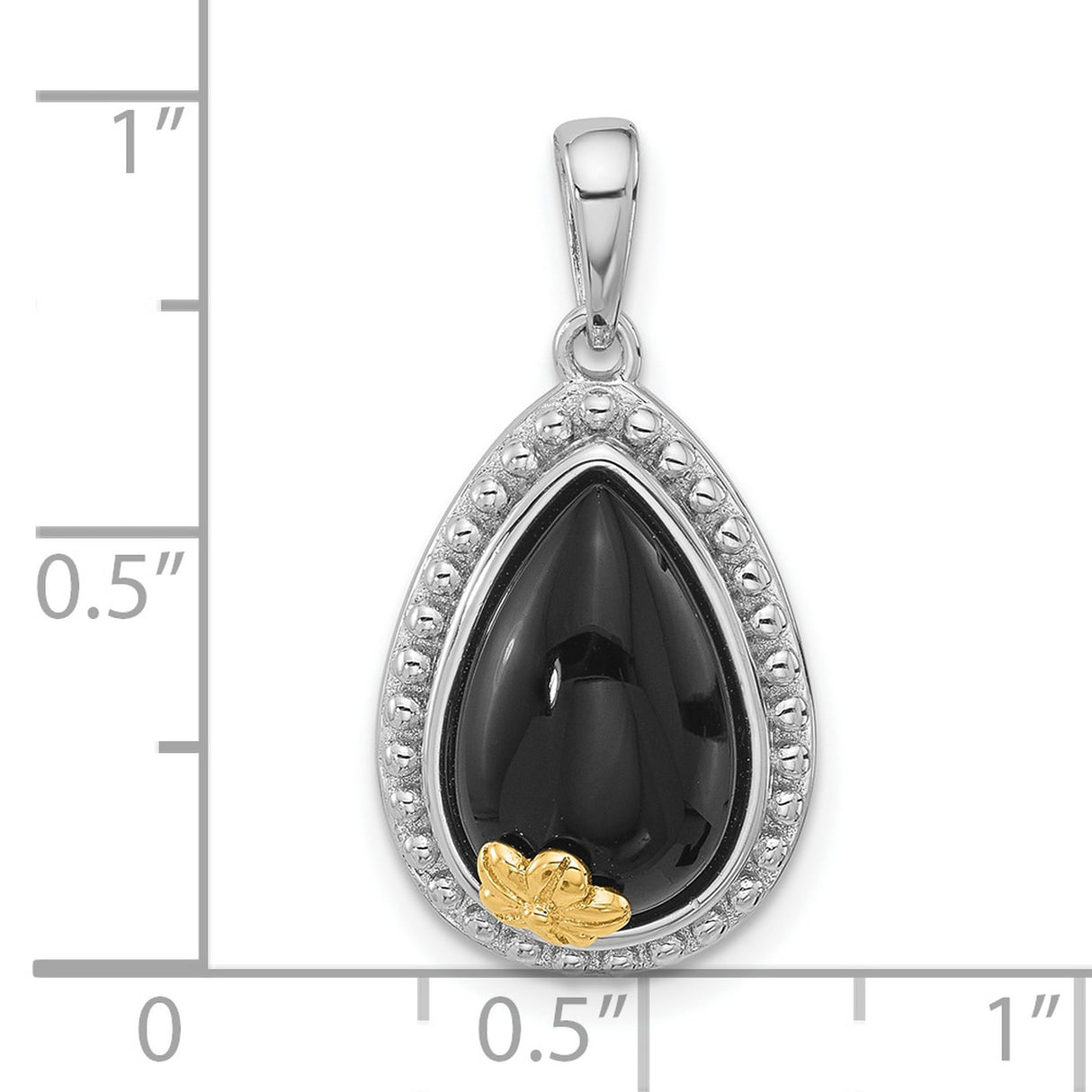 Sterling Silver Teardrop Pendant with Onyx and 14k Gold Floral Accent
