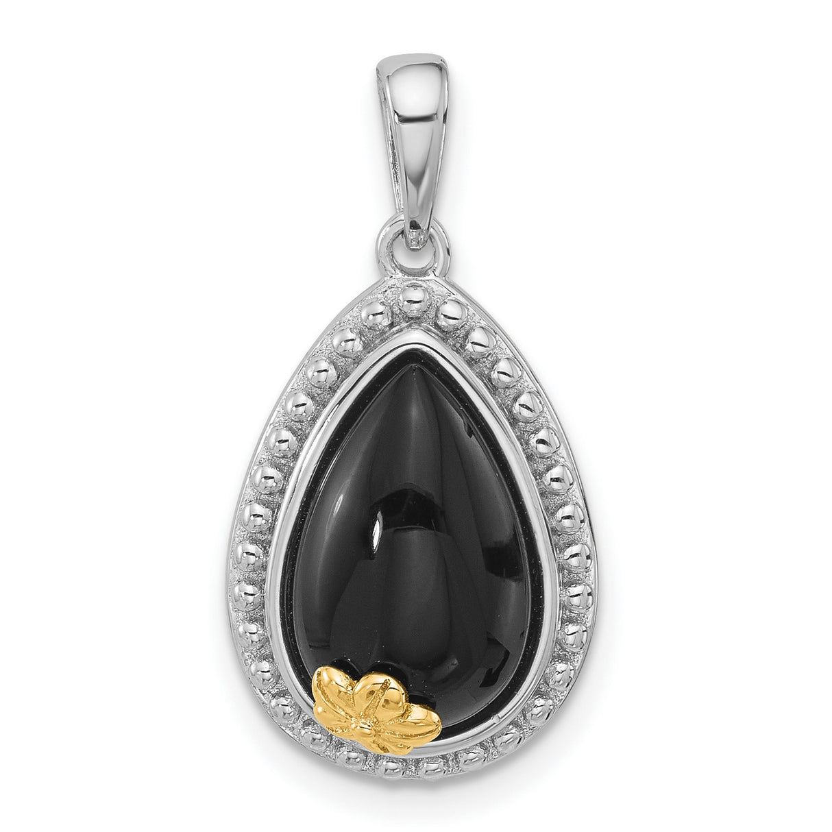 Sterling Silver Teardrop Pendant with Onyx and 14k Gold Floral Accent