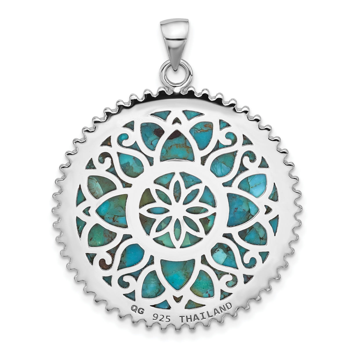 Sterling Silver Pendant with Carved Turquoise Flower Motif, Boho Floral Design