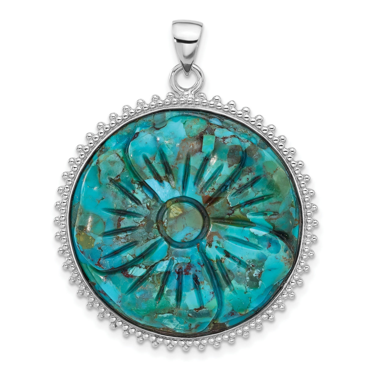 Sterling Silver Pendant with Carved Turquoise Flower Motif, Boho Floral Design