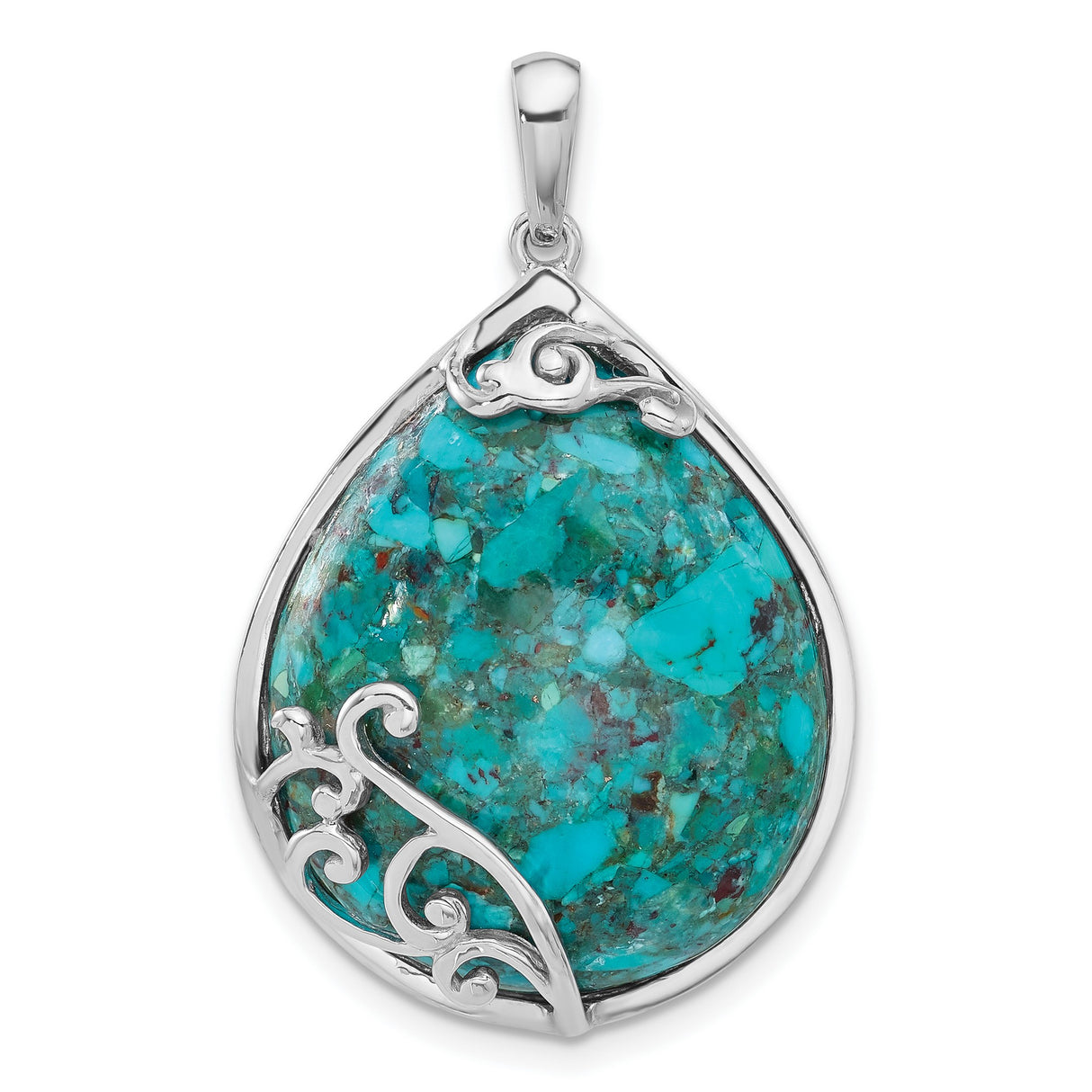 Sterling Silver Teardrop Pendant with Natural Composite Turquoise, Boho Filigree Design