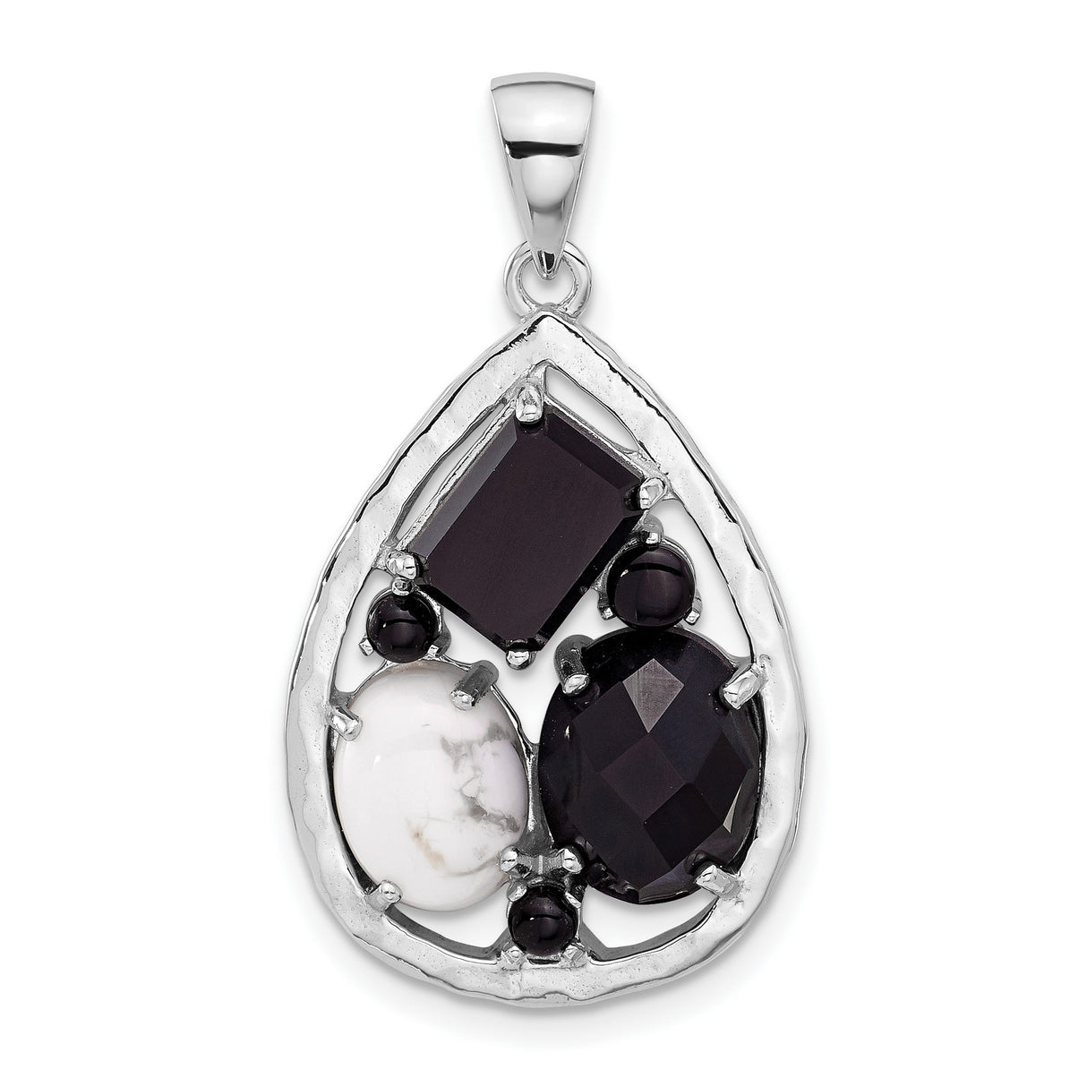 Sterling Silver Teardrop Pendant with Howlite and Agate, Modern Mosaic Design for Women