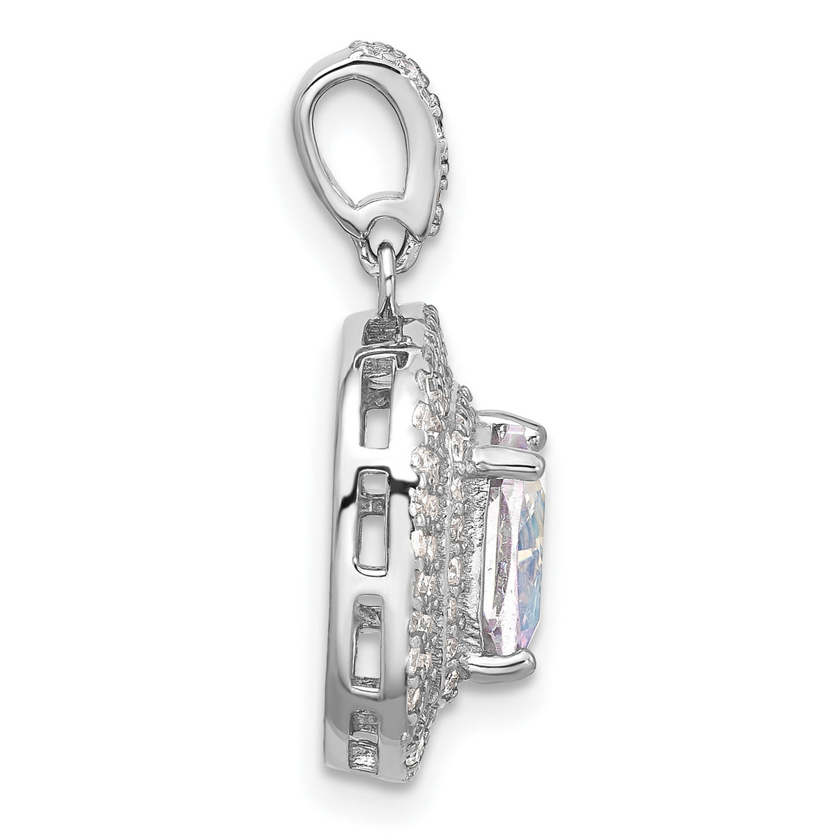 Sterling Silver Pendant with Cushion Cut Iridescent Stone and Double Halo of Cubic Zirconia