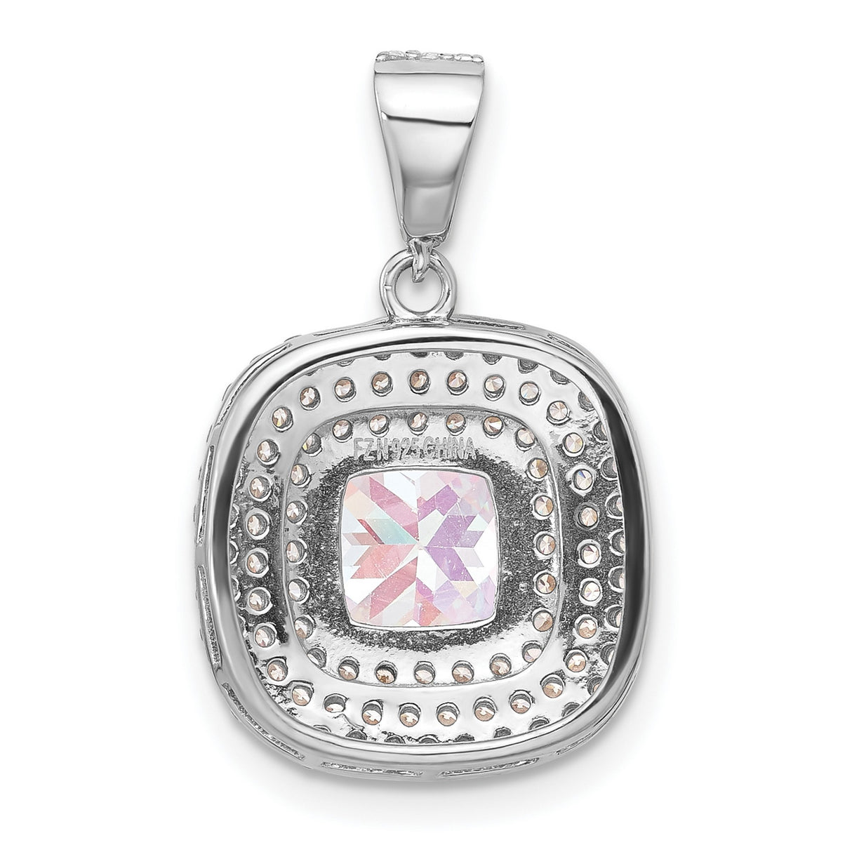 Sterling Silver Pendant with Cushion Cut Iridescent Stone and Double Halo of Cubic Zirconia