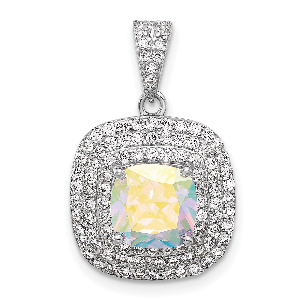 Sterling Silver Pendant with Cushion Cut Iridescent Stone and Double Halo of Cubic Zirconia