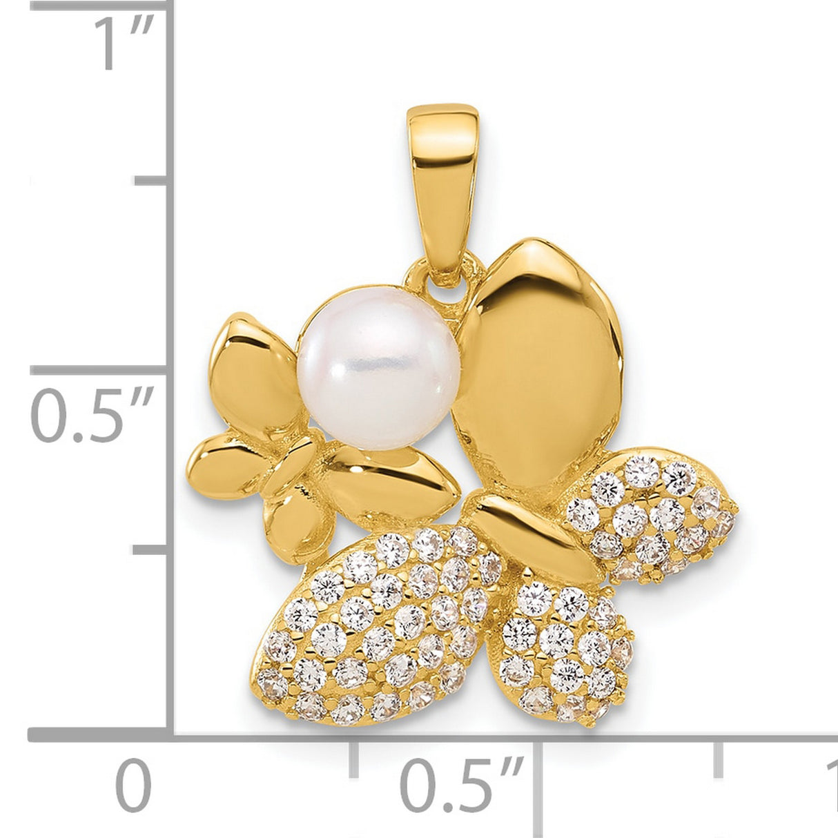 Gold Plated Freshwater Pearl and CZ Butterfly Charm Pendant in Real 925 Sterling SIlver