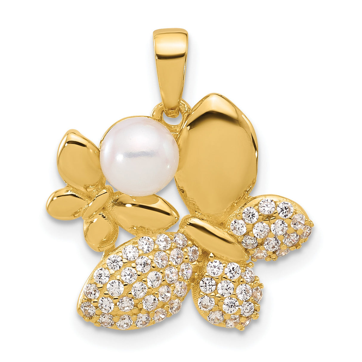 Gold Plated Freshwater Pearl and CZ Butterfly Charm Pendant in Real 925 Sterling SIlver