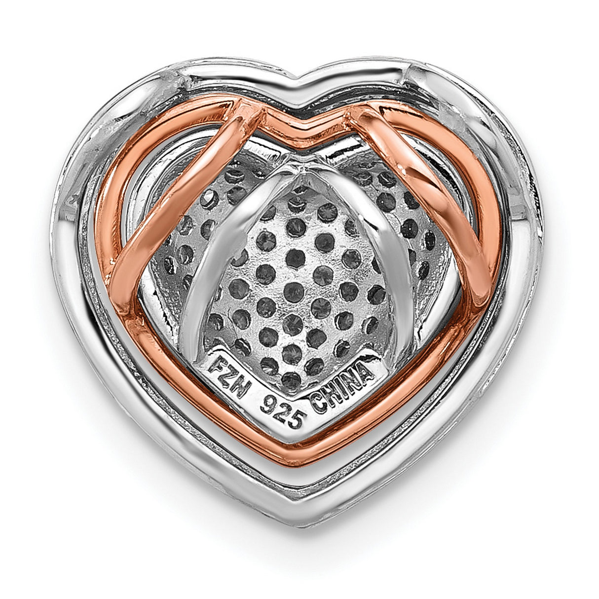 Sterling Silver Heart Pendant with Cubic Zirconia Center and Rose Gold Accent