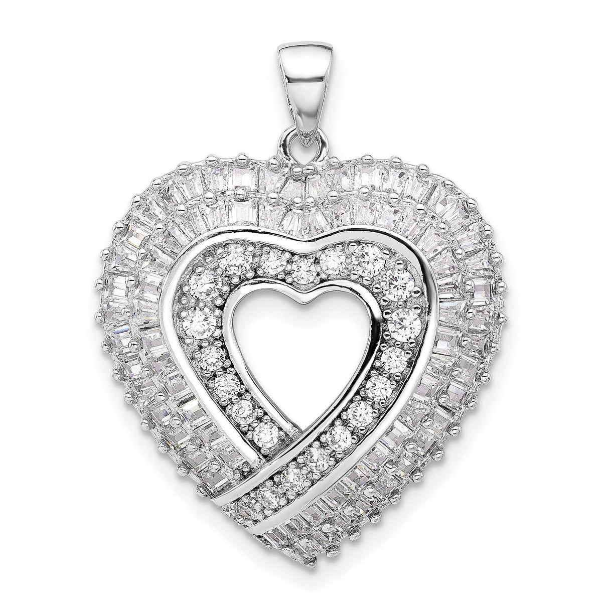 Sterling Silver Heart Pendant with Layered Cubic Zirconia, Double Heart Pavé Design for Women