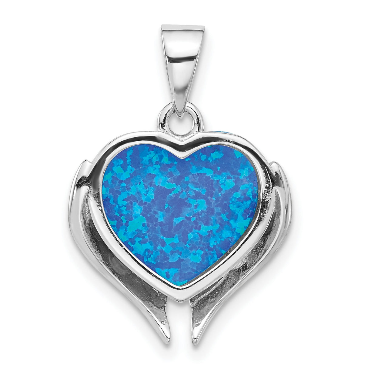 Sterling Silver Heart Pendant with Lab Created Blue Opal, Angel Wings, Spiritual Memorial Jewelry