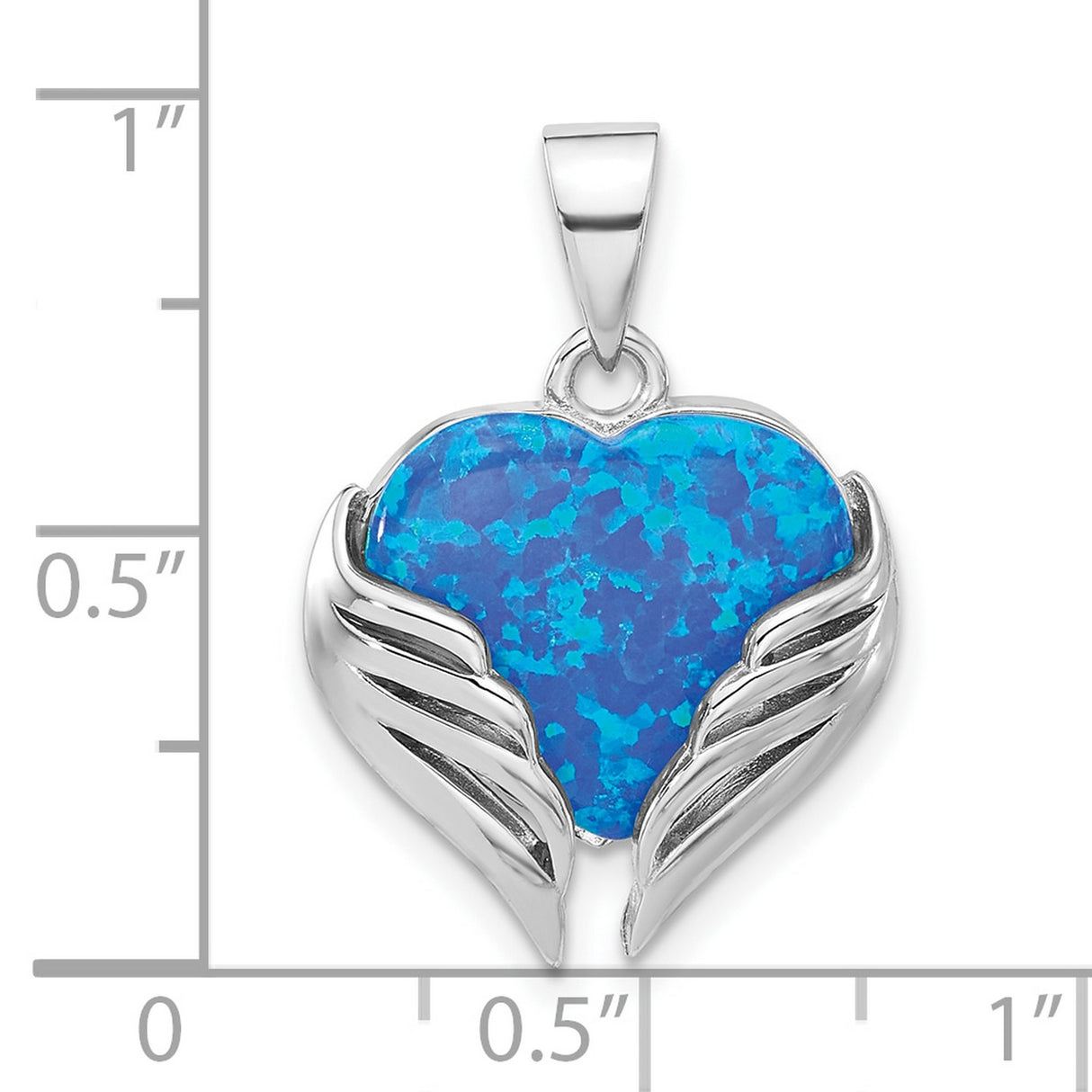 Sterling Silver Heart Pendant with Lab Created Blue Opal, Angel Wings, Spiritual Memorial Jewelry