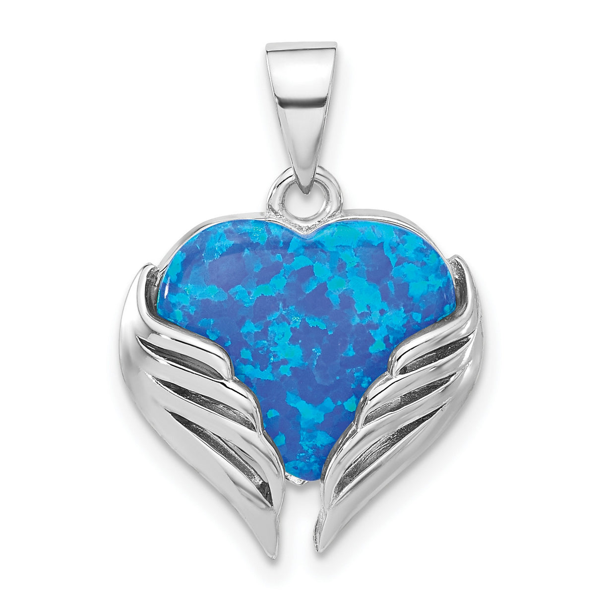 Sterling Silver Heart Pendant with Lab Created Blue Opal, Angel Wings, Spiritual Memorial Jewelry
