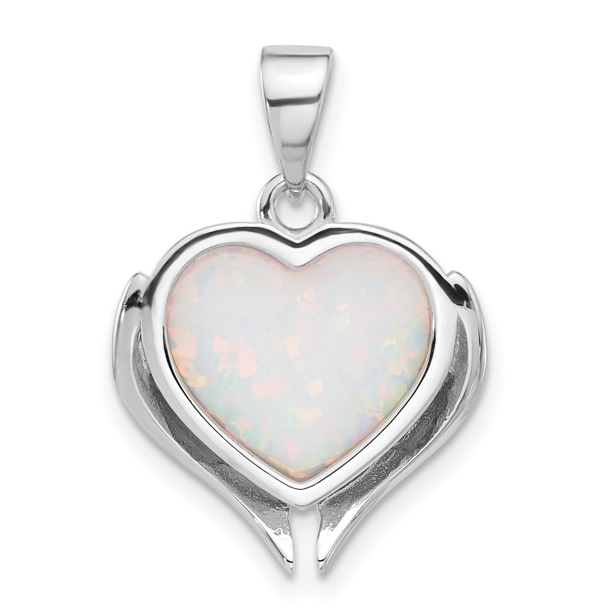 Sterling Silver Heart Pendant with Lab Created Opal, Angel Wings and Spiritual Remembrance Design