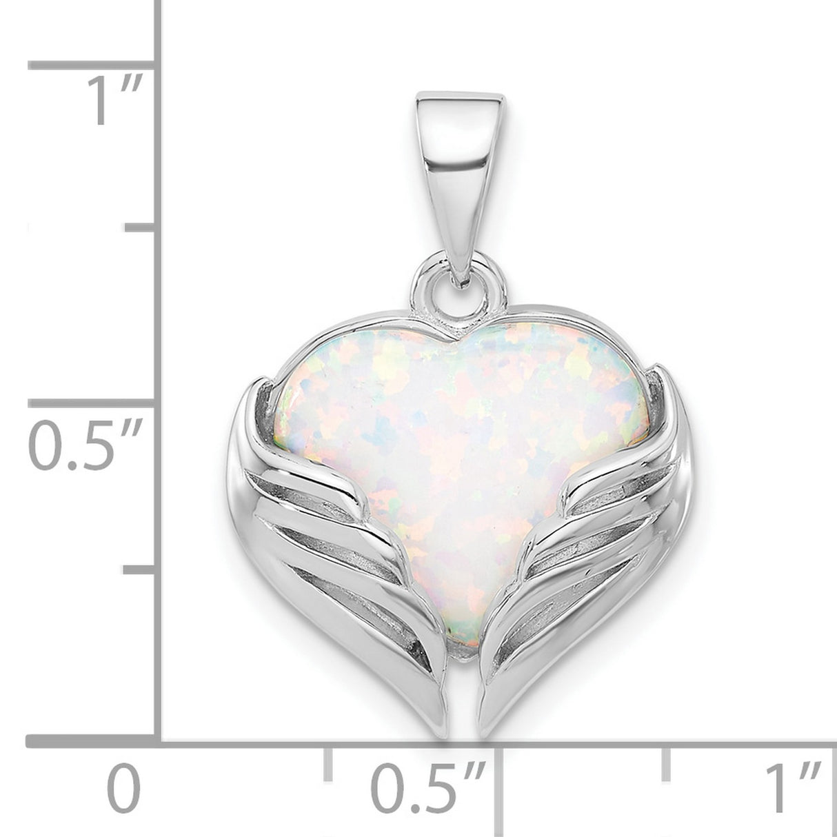 Sterling Silver Heart Pendant with Lab Created Opal, Angel Wings and Spiritual Remembrance Design