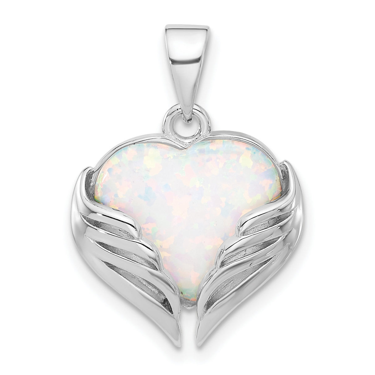 Sterling Silver Heart Pendant with Lab Created Opal, Angel Wings and Spiritual Remembrance Design