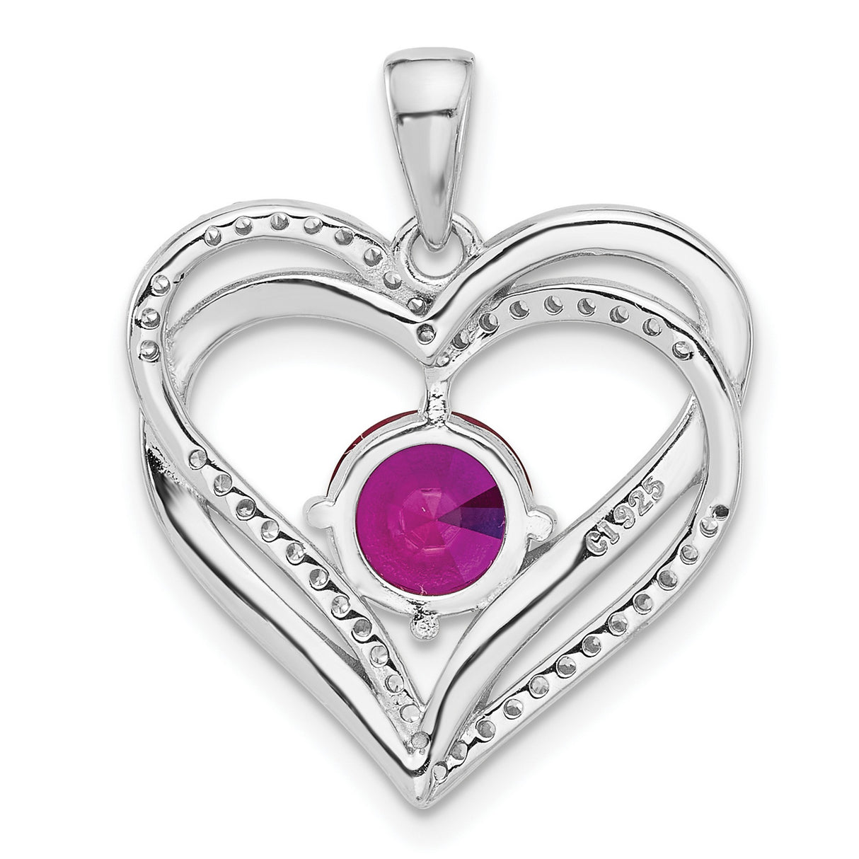 Sterling Silver Heart Pendant with Red Gemstone and Cubic Zirconia Accents, Double Open Heart Design