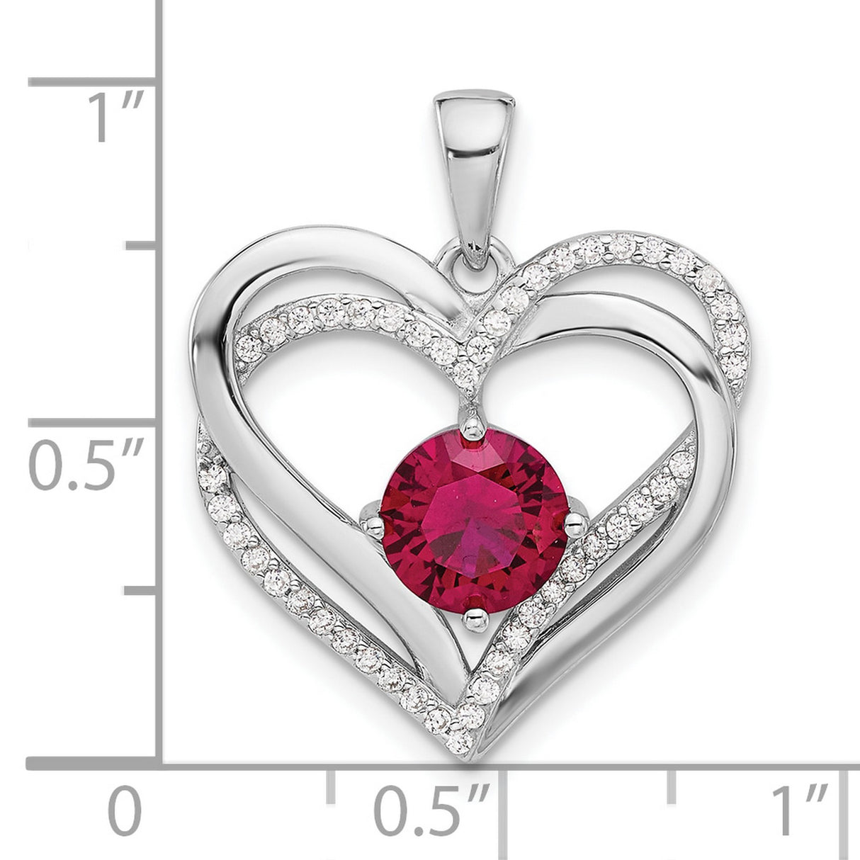 Sterling Silver Heart Pendant with Red Gemstone and Cubic Zirconia Accents, Double Open Heart Design