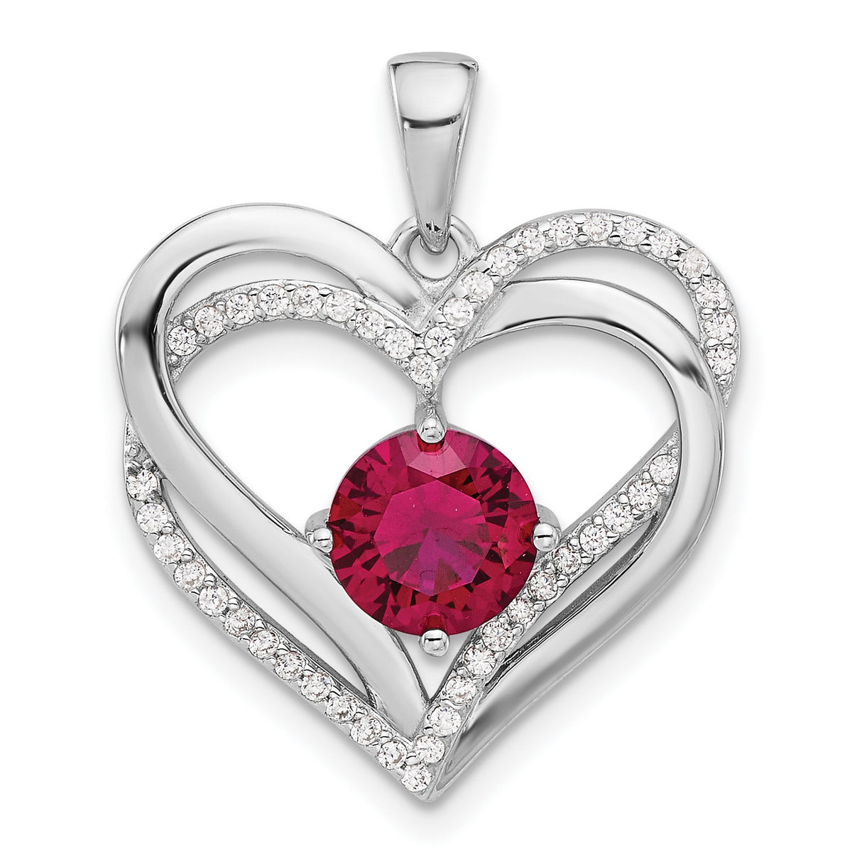 Sterling Silver Heart Pendant with Red Gemstone and Cubic Zirconia Accents, Double Open Heart Design