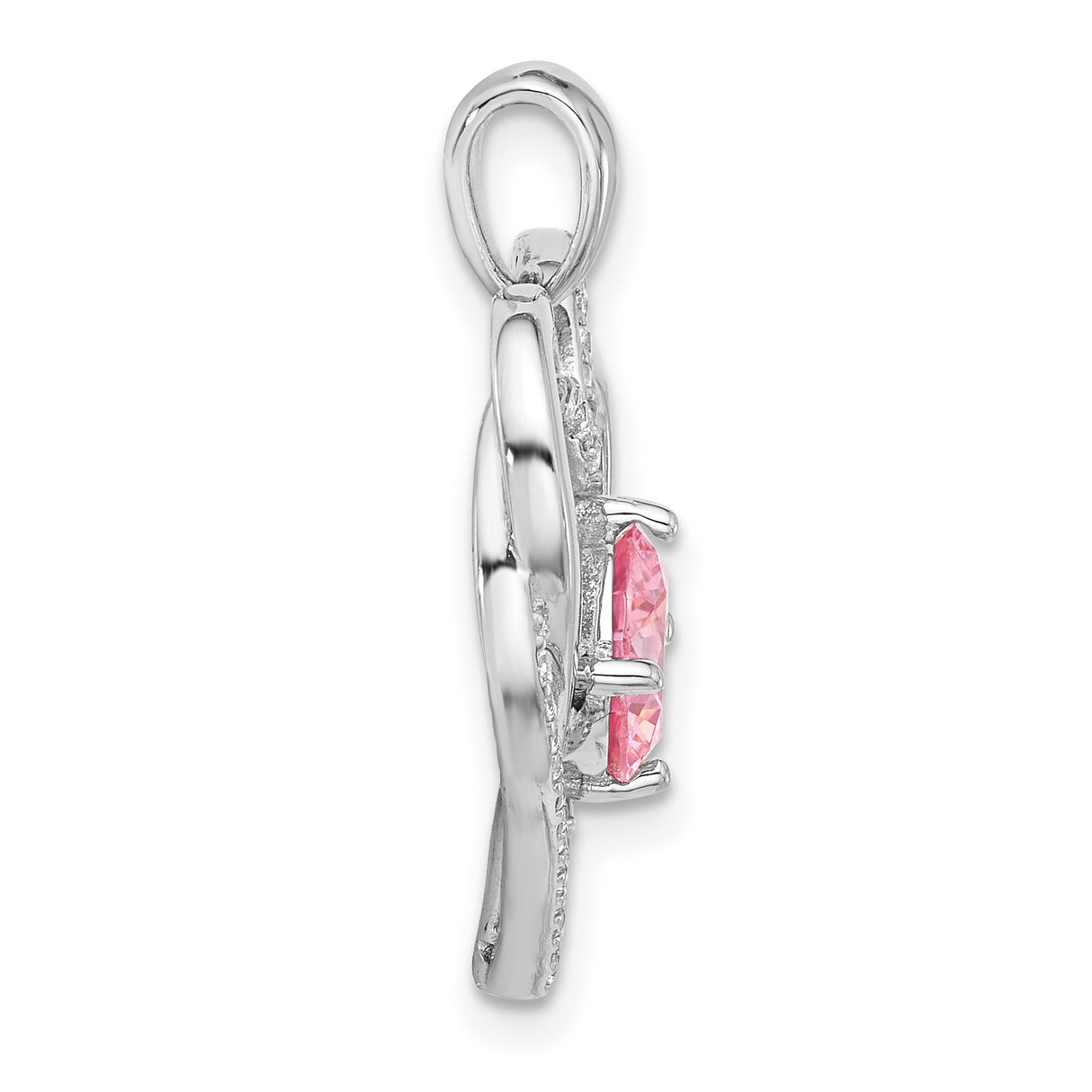 Sterling Silver Heart Pendant with Pink Gemstone and Cubic Zirconia Double Heart Design