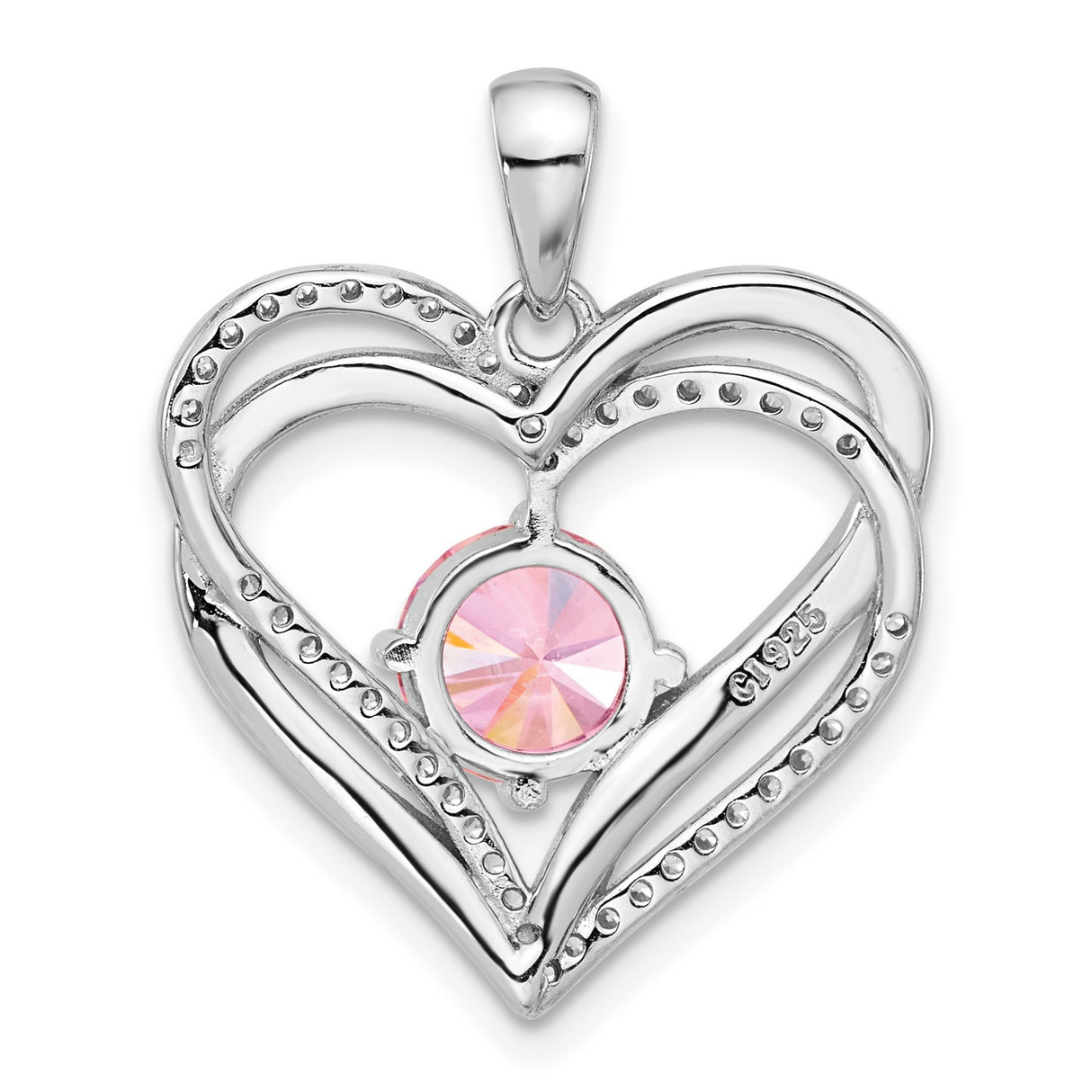 Sterling Silver Heart Pendant with Pink Gemstone and Cubic Zirconia Double Heart Design
