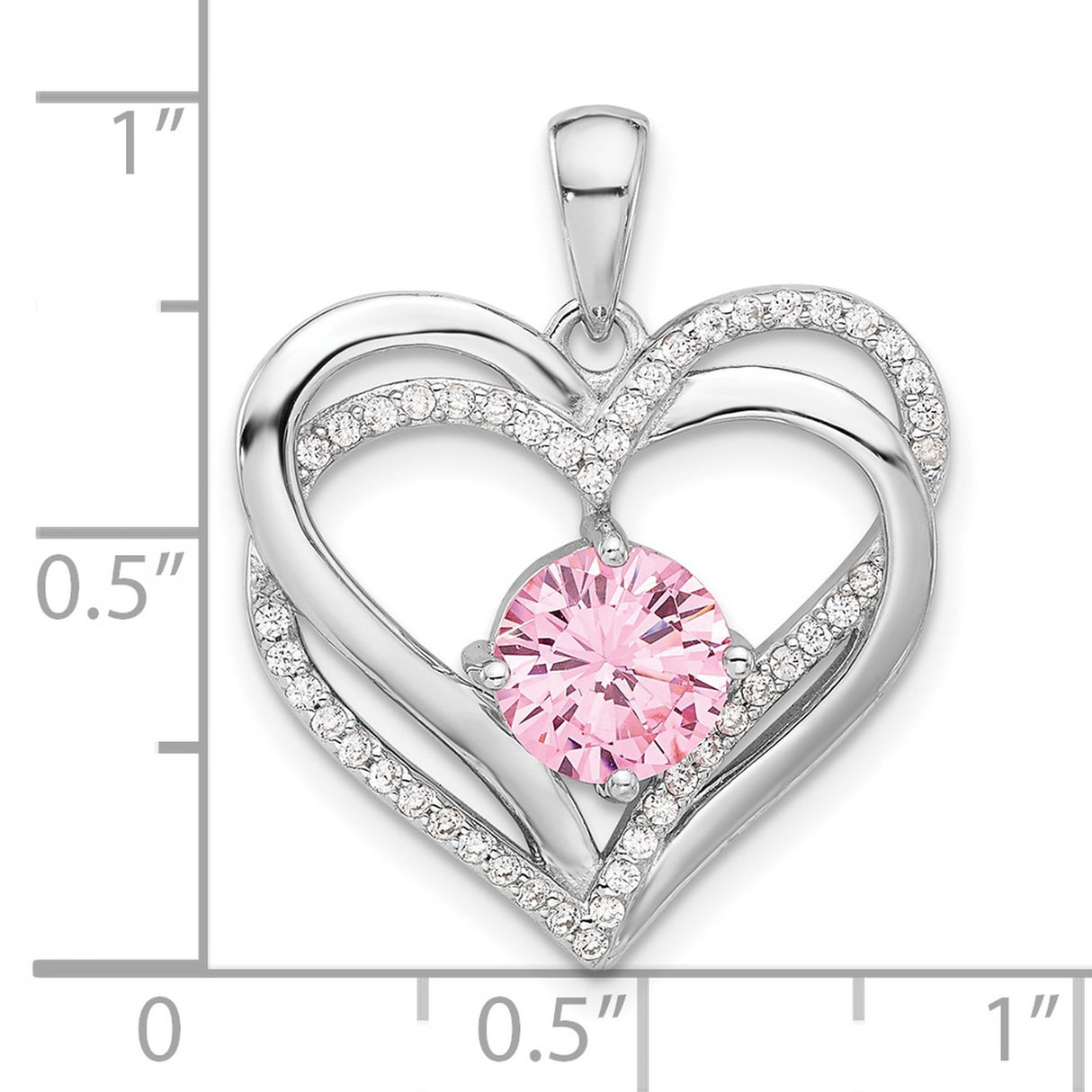 Sterling Silver Heart Pendant with Pink Gemstone and Cubic Zirconia Double Heart Design